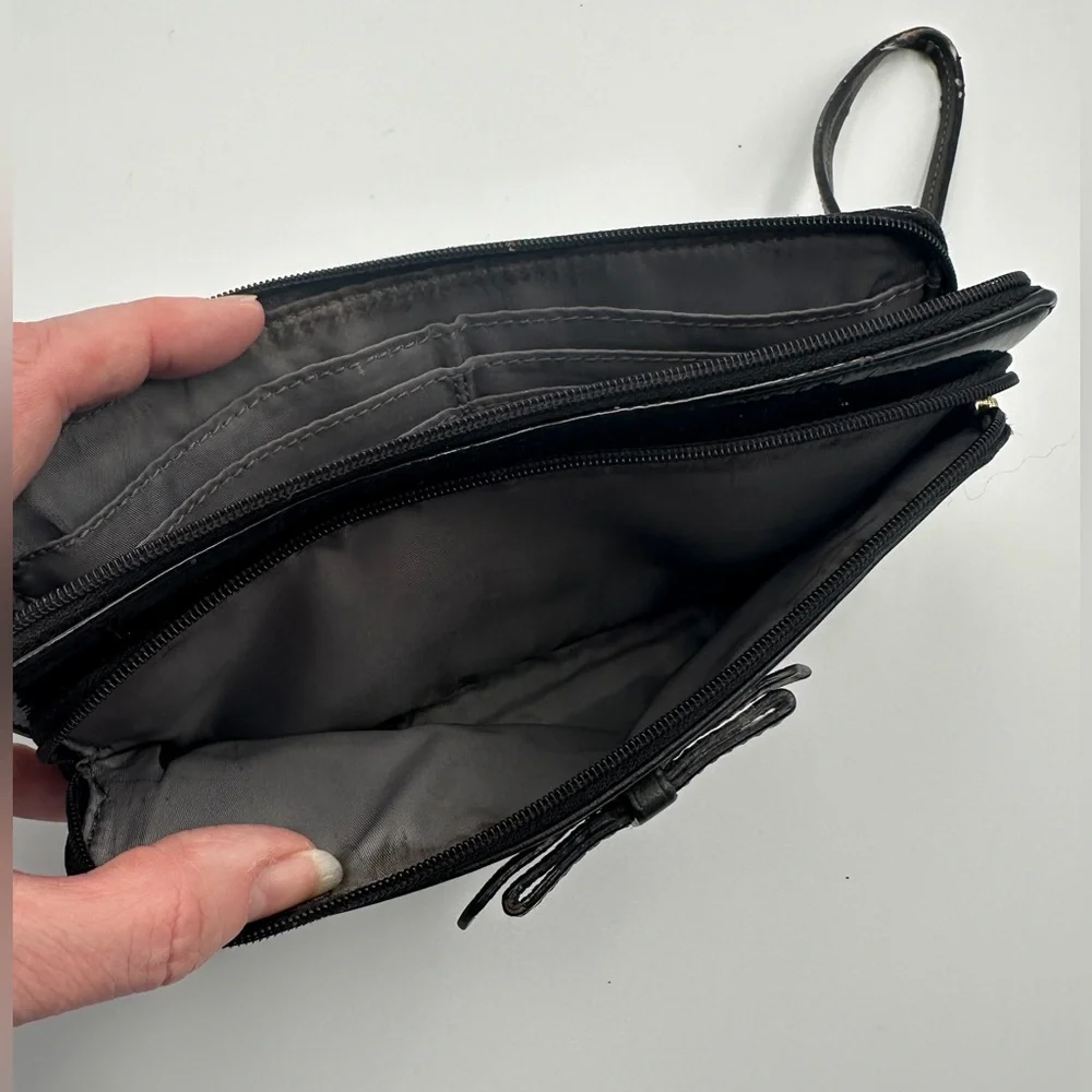 Coach Black Leather Wristlet Wallet With Patent Leather Accent And Bow Detail